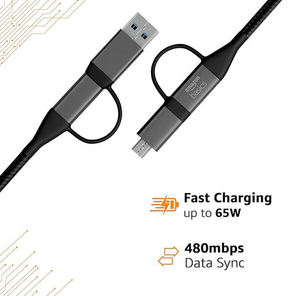 amazon basics 4-in-1 Braided Cable with USB-A, Micro USB and Type C | 65W Charging Cable with 480Mbps Data Transfer Speed |All-purpose Charging & Data Cable, 1.2m, Tangle Free