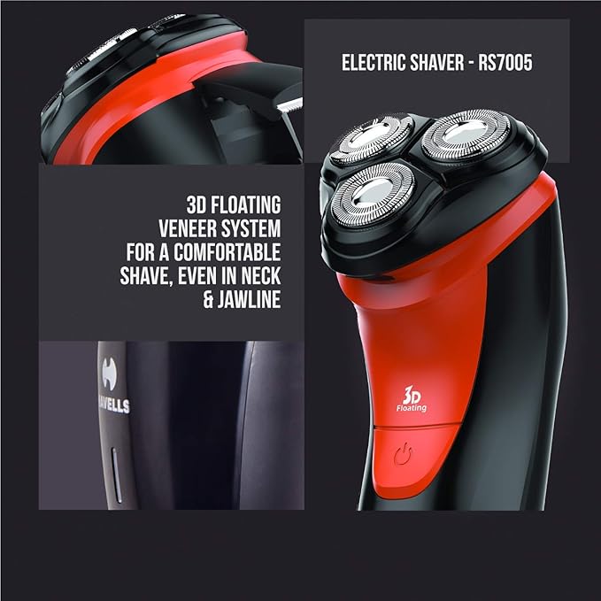 Havells Male RS7005-3 Head Rotary Shaver with Built in Pop-Up Trimmer for Wet & Dry Shave; IPX7 Waterproof; Protection from Cuts (Black & Red)