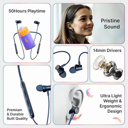pTron Tangent Evolve w/ 50Hrs Playtime,HD Mic,Pristine Sound,14mm Drivers,Bluetooth V5.3 w/Dual-Device Pairing Wireless Neckband,Magnetic Buds,Voice Assistant,Type-C Charging & IPX4 (Blue) |in_Ear