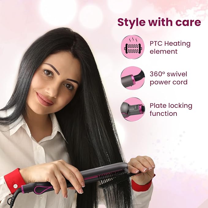 AGARO Hair Straightener, Ceramic Coated Titanium Plate, PTC Heating, Plate locking function, Fast Heating, Hair Straightening, Hair Styling Iron For Women, HS1957, Dark grey & Purple