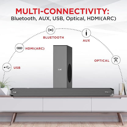 Boat Aavante Bar 1200D Soundbar with Dolby Audio, 100W RMS Boat Signature Sound, 2.1 Channel with Wired Subwoofer, Entertainment EQs, Multi-Connectivity & Master Remote Control(Black)