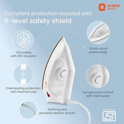 Orient Electric Fabrismooth 1000W Dry iron (Press) | Non-stick Weilburger coating| Silver Layered Thermostat| G-shaped heating element| ISI certified| 2-year replacement warranty by Orient