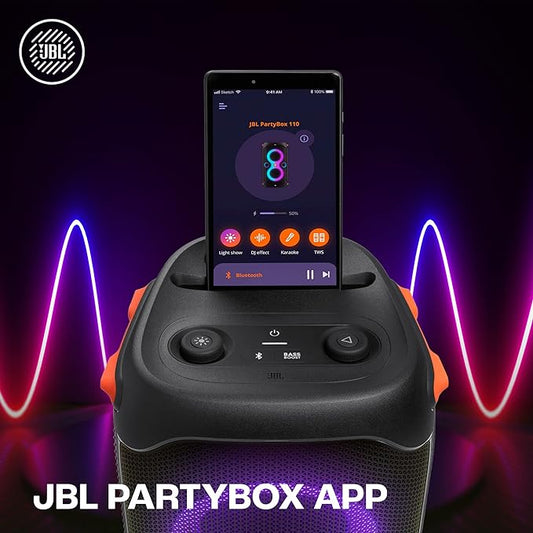 JBL Partybox 110, Wireless Bluetooth Party Speaker, 160W Monstrous Pro Sound, Dynamic Light Show, Upto 12Hrs Playtime, Built-in Powerbank, Guitar & Mic Input, PartyBox App, Splashproof (Black)