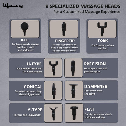 Lifelong LLGM180 Gun Massager for Pain Relief with 9 Massage Heads Massage Gun Machine for Full Body - Gun Massager Rechargeable with 9 Speed Levels & Easy-Grip Handle for Muscle Massage of Back, Neck, Shoulder, Hand, Foot & Leg