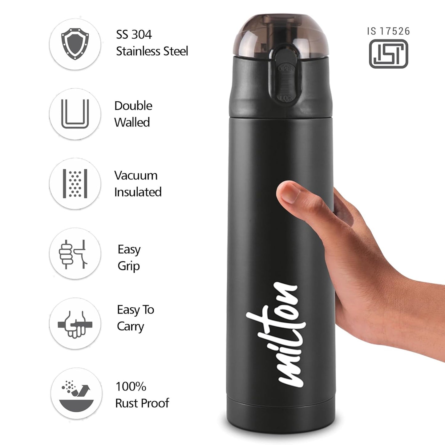 Milton New Crown 400 Thermosteel Water Bottle 350 ml with One Touch Safety Lock, 24 Hours Hot and Cold, Leak Proof Lid, ISI Certified I Vacuum Insulated I for Office, Gym, School I Silver