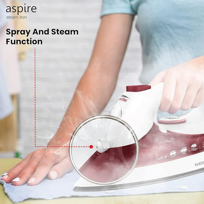 Havells ABS Aspire 1400 Watt Steam Iron Press With Precision Tip Sole Plate, Horizontal/Vertical Steam Burst, Self-Cleaning Function | Steam Burst | Anti Drip Function (Red), 1400 Watts