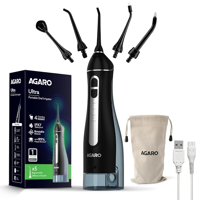 AGARO Ultra Dental Flosser for teeth, 5 Nozzles, Portable,Cordless & Rechargeable,4 Cleaning Modes,IPX7 Waterproof with 300ml Watertank, Flossing at Home & Travel,Oral Flosser,Oral Irrigator