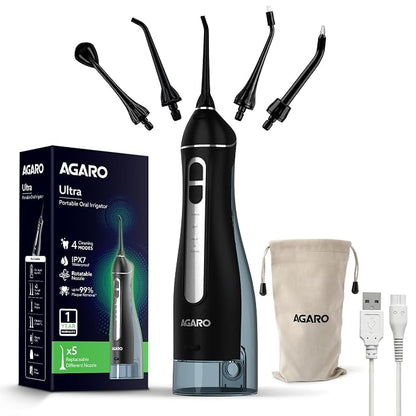 AGARO Ultra Dental Flosser for teeth, 5 Nozzles, Portable,Cordless & Rechargeable,4 Cleaning Modes,IPX7 Waterproof with 300ml Watertank, Flossing at Home & Travel,Oral Flosser,Oral Irrigator