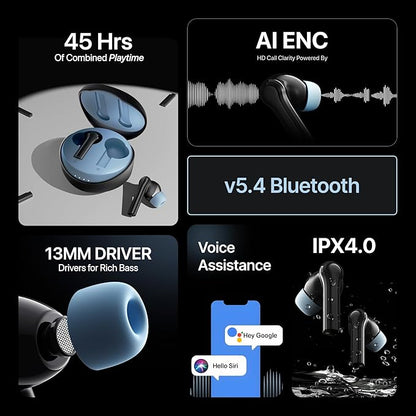 Mivi DuoPods Maxx TWS [New Launch], 13mm Bass Drivers, 50 Hrs Playtime, HD Call Clarity with AI-ENC, Gaming Mode, BT v5.3, Swift Type-C Charging, Made in India Earbuds