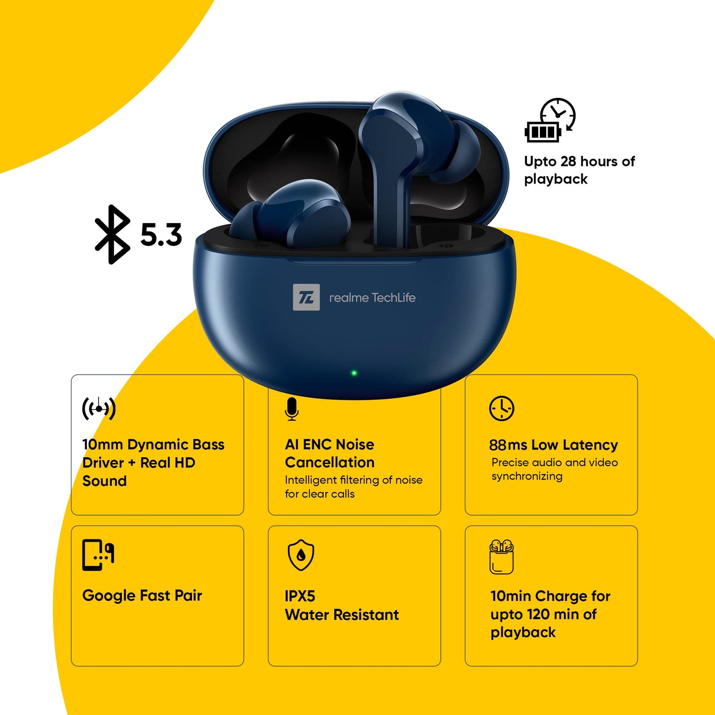 realme Techlife Buds T100 with up to 28 Hours Playback & AI ENC for Calls Bluetooth Headset  (Black, True Wireless)