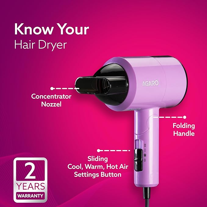 AGARO HD-1211 Hair Dryer 1100 Watts, 2 Heat Speed and Cool Mode, Foldable (Compact in Size) Purple