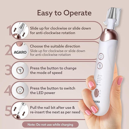 AGARO Prima Nail Drill & Polisher, Professional Nail Care at Home, Electric Nail Polisher, Manicure & Pedicure, Shape, Trim & Polish, 5 Speed, 8 Attachments, Rechargeable with Type C, Women, Men