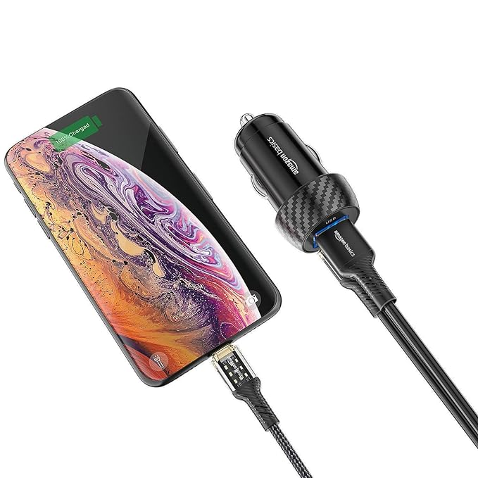 Amazon Basics Mini Car Charger with Dual Output, Fast Charging (Type C 20W + Type A 3.0A) Compatible with All Smartphones(Black)