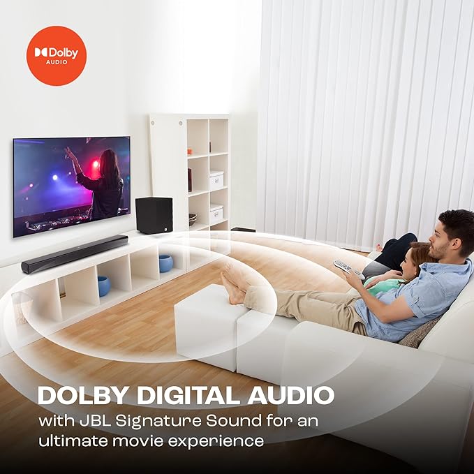 JBL Cinema SB241, Dolby Digital Soundbar with Wired Subwoofer for Extra Deep Bass, 2.1 Channel Home Theatre with Remote, HDMI ARC, Bluetooth & Optical Connectivity (110W)