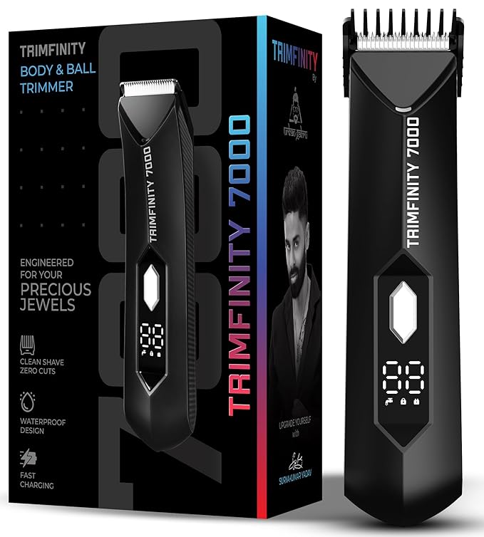 urbangabru Trimfinity 7000 Body Trimmer for Men- Safest Body & Private Part Trimmer - Pubic Hair Groomer, Underarm - Waterproof, Ceramic Blades, Rechargeable with Wireless Fast Charging,Black