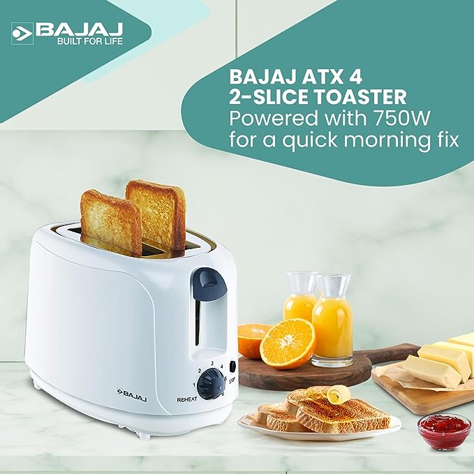 Bajaj ATX 4 750-Watt 2-Slice Pop-up Toaster | Dust Cover & Slide Out Crumb Tray | 6-Level Browning Controls | Mid-Cycle Cancel Feature | 2-Yr Warranty by Bajaj | White Electric Toaster