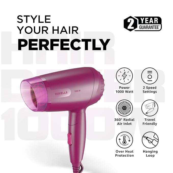 Havells 1000W Foldable Hair Dryer|Blow Dry for Men & Women|2 Temperature Settings|Travel Friendly|360° Radial Inlet| ThermoProtect Feature| HD1845