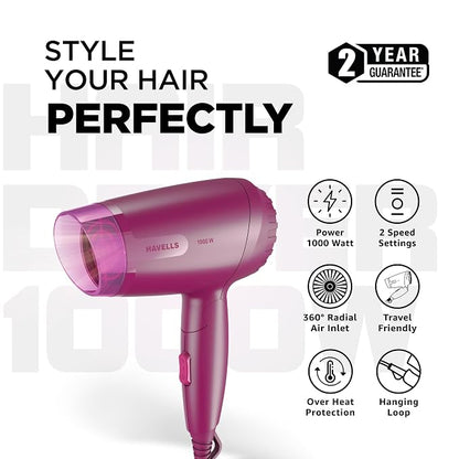 Havells 1000W Foldable Hair Dryer|Blow Dry for Men & Women|2 Temperature Settings|Travel Friendly|360° Radial Inlet| ThermoProtect Feature| HD1845