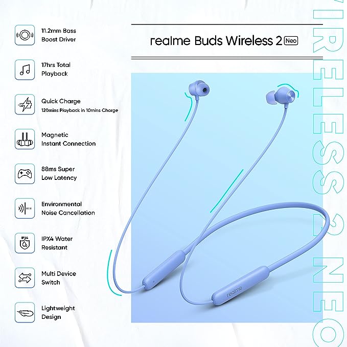 realme Buds Wireless 2 Neo Bluetooth in Ear Earphones with Mic, Fast Charging & Up to 17Hrs Playtime (Blue)