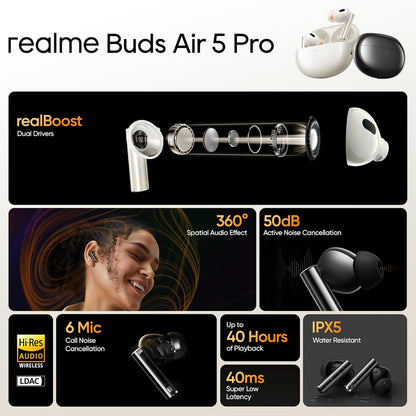 Realme Buds Air 5 Pro Truly Wireless in Ear Earbuds with 50Db ANC, Realboost Dual Coaxial Drivers, 360? Spatial Audio Effect, LDAC HD Audio, Upto 40Hrs Battery with Fast Charging (Astral Black)