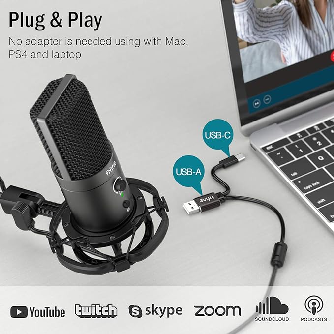 FIFINE USB Gaming Streaming Microphone Kit for PC Computer, Condenser Mic Set with Arm Stand Mute Button & Gain, Mic Studio Bundle for Podcast Recording Twitch Discord YouTube Zoom, USB C & A -T683