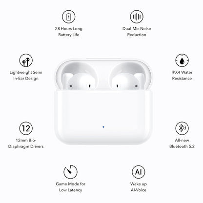 HONOR Choice Earbuds X Bluetooth v5.2 True Wireless Stereo, up to 28 Hours Long Battery Life, Wake up AI-Voice, IPX4 Water Resistance, Lightweight Semi in-Ear Design (Glacier White)
