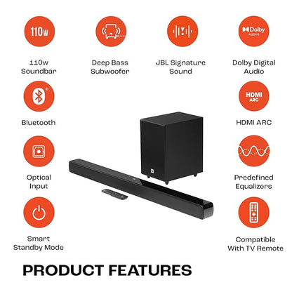 JBL Cinema SB241, Dolby Digital Soundbar with Wired Subwoofer for Extra Deep Bass, 2.1 Channel Home Theatre with Remote, HDMI ARC, Bluetooth & Optical Connectivity (110W)