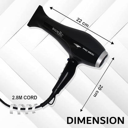 Ikonic Pro 2800+ Hair Dryer, Black | Professional | Brushless DC Motor | Low Noise Function| Lightweight Design| Interchangeable Nozzle| Diffuser Attachment| Versatile Heat and Speed Setting| 2600 W