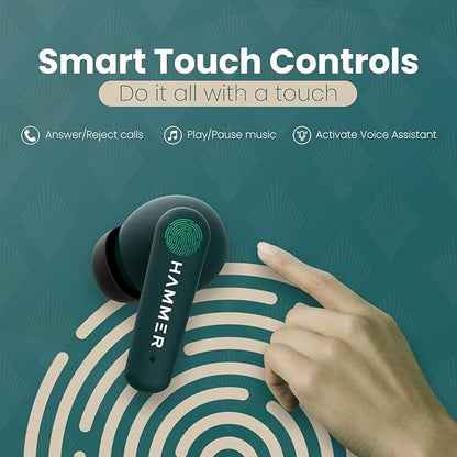 HAMMER Airflow Plus TWS Earbuds with Bluetooth 5.1, Smart Touch Control, Type-C Charging, IPX4 Rated SweatProof, Stereo Sound, Upto 23 Hours Playback, Noise Isolation (Emerald Green)