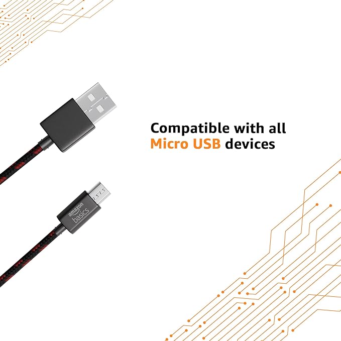 amazon basics Type A to Micro USB Braided Cable | 3A/18W Fast Charging and 480 Mbps Data Transfer Speed | 1.2m, Tangle Free Cable