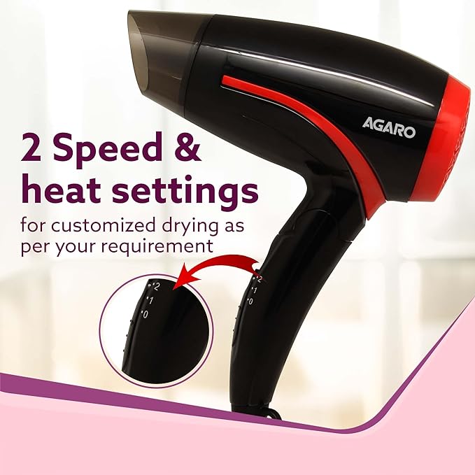 AGARO HD1177 Hair Dryer with 1000 Watts Copper Motor, 2 Speed & Temperature Settings,Foldable Handle, For both Men & Women, Black & Red