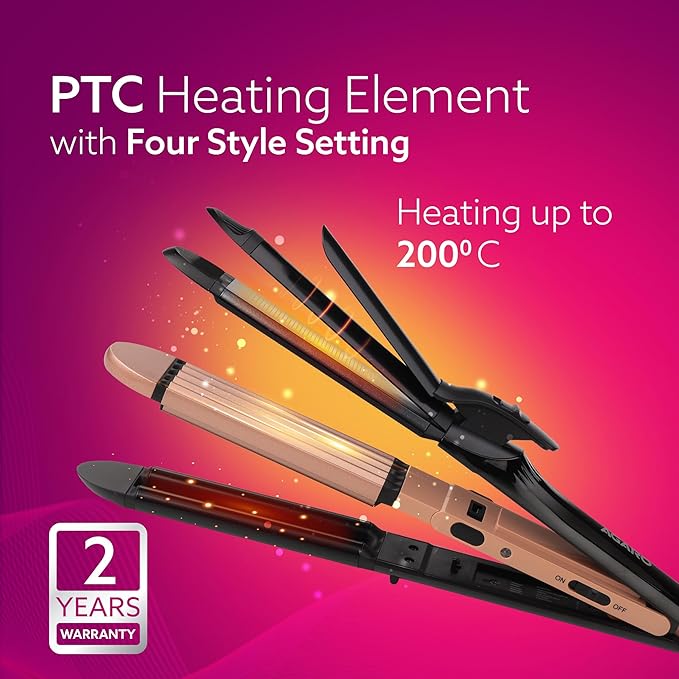 AGARO 4 in1 hair Straightener,Wavy Hair, Crimper, Curler, Hair Styler, Keratin Infused Ceramic Coated Plate, Variable Style Settings, Hair Styling, Black & Rose Gold, HS1719 (Black)