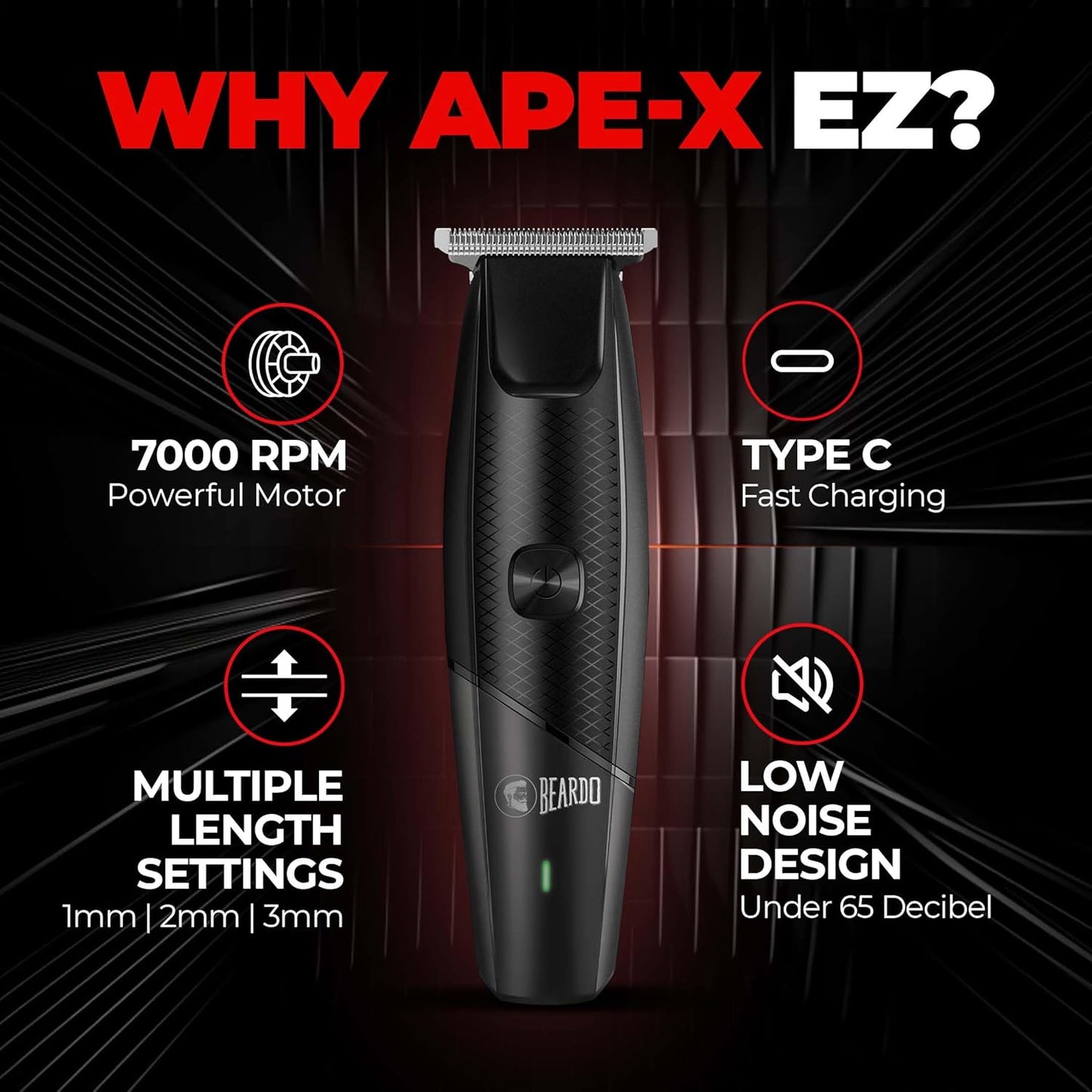 Beardo Ape-X EZ Trimmer for Men Beard | 110 Min Run Time | 7000 RPM Motor | Lithium Ion Battery | Multiple Length Settings | Durable Blades | Beard Trimmer for Gen Z