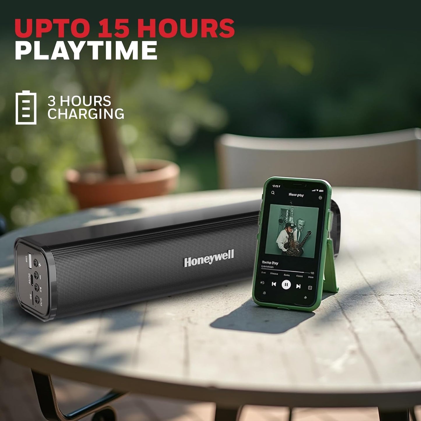 Honeywell Moxie V1000 10W 2.0 Channel V5.0 Wireless Bluetooth Soundbar, 5.0 Stereo Sound, 52mm*2 Drivers, 15Hrs Playtime, TWS, 1200mAh Battery, Multiple Connectivity via SD Card, Audio Jack & USB