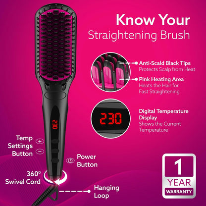 AGARO HSB2206 Hair Straightening Brush, 2-in-1 Hair Straightening and Combing, Ionic Technology, Anti-Scald Feature, Temperature Control and Auto Shut Off Function, Black