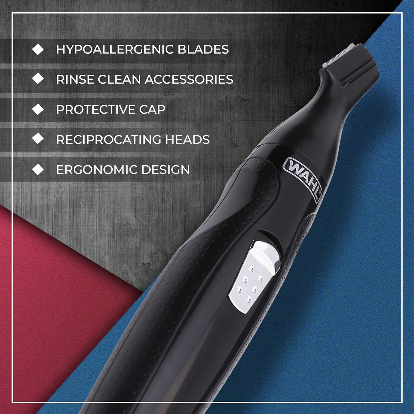 Wahl 5608-524 Cordless Mini Groomsman Grooming 3 in 1 Trimmer; 3 Taatchments: Nose Trimmer, Reciprocating head, Precision Detailer; Rinseable blades; Black