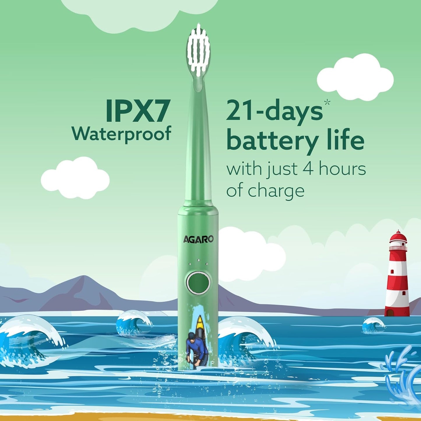 AGARO REX Lite Sonic Electric Kids Toothbrush with 3 Brushing Modes, 19000 Strokes per minute, Dupont Soft Nylon Bristles, Rechargeable Battery, Power Tooth Brush, Repleacble Heads