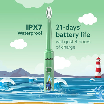 AGARO REX Lite Sonic Electric Kids Toothbrush with 3 Brushing Modes, 19000 Strokes per minute, Dupont Soft Nylon Bristles, Rechargeable Battery, Power Tooth Brush, Repleacble Heads