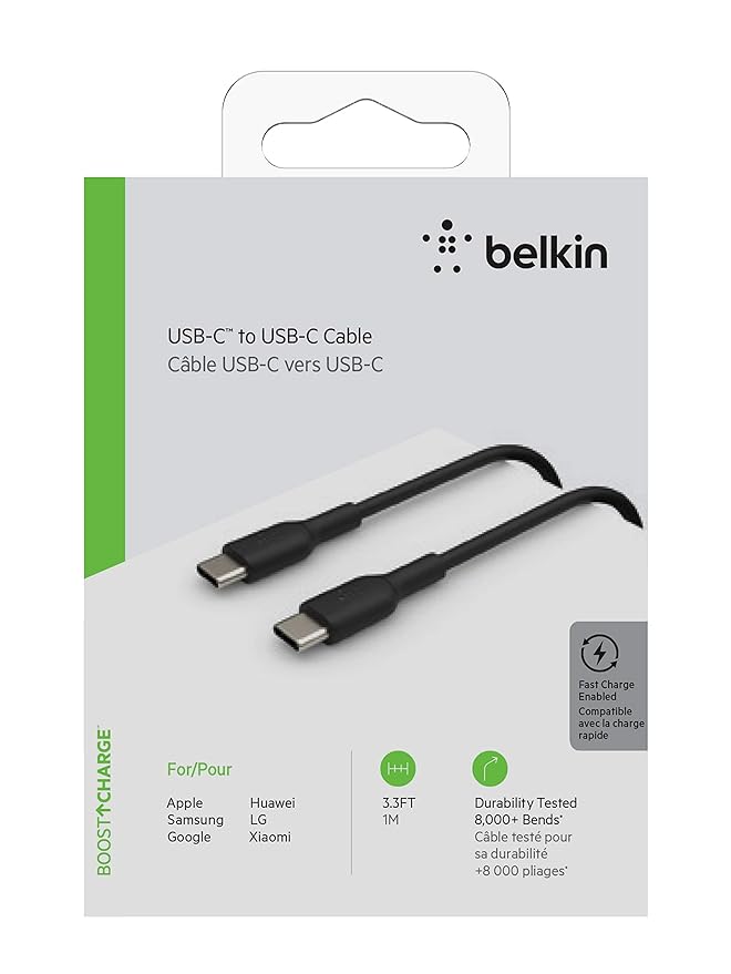 Belkin USB-C to USB-C PVC 3.3 Feet (1 Meter) Fast charging Type C Cable, for iPhone 15 Series and other USB-C Devices, Tough and Durable, 60W PD, USB-IF Certified - Black