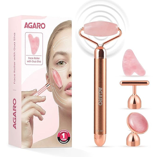 AGARO 4-In-1 Electric Rose Quartz Face Roller With Gua Sha, Jade Roller, Facial Roller Kit for Face, Eye, Neck, Anti-Aging Facial Massager for Anti-Wrinkles, Skin Firming and Lifting (Rose Gold)