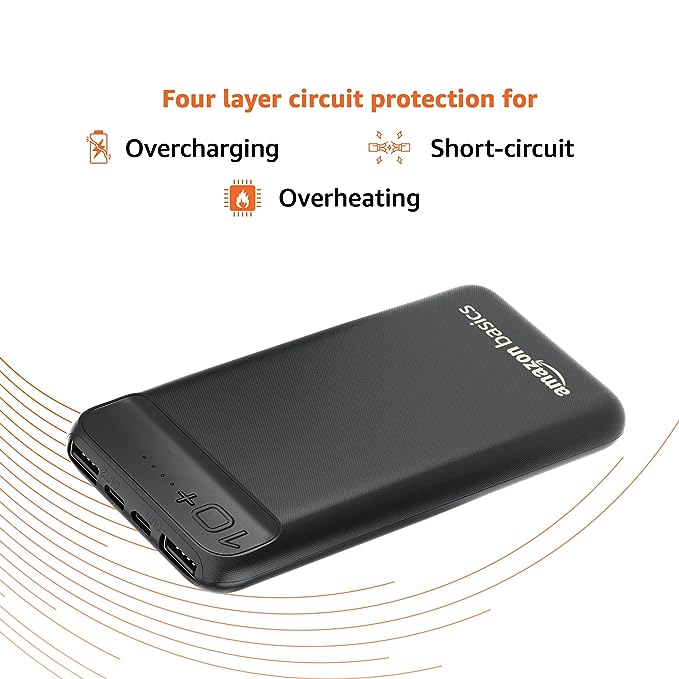 amazon basics 10000mAh 12W Lithium-Polymer Power Bank | Dual Input, Dual Output | Black, Type-C Cable Included