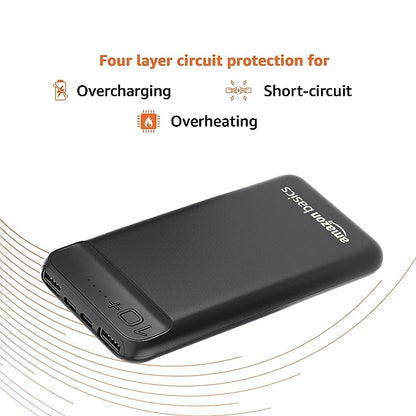 amazon basics 10000mAh 12W Lithium-Polymer Power Bank | Dual Input, Dual Output | Black, Type-C Cable Included