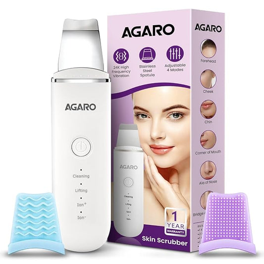 AGARO Ultrasonic Facial Skin Scrubber For Wet Skin,Blackheads Remover And Facial Pores Cleaner With 4 Modes,Stainless Steel Spatula,Rechargeable,White,Facial Cleansing Tool