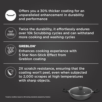 Preethi Daily Collection Non Stick Kadai 24 cm, with Glass Lid, 5 Star Non Stick Effect, Grey