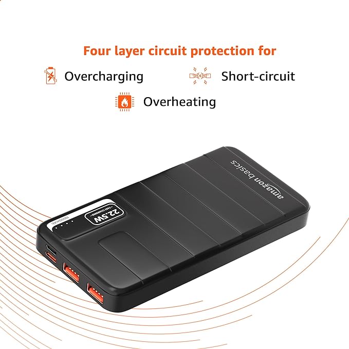 Amazon Basics 10000mAh 22.5W Lithium-Polymer Power Bank | Dual Input, Triple Output | Fast Charging, Black, Type-C Cable Included