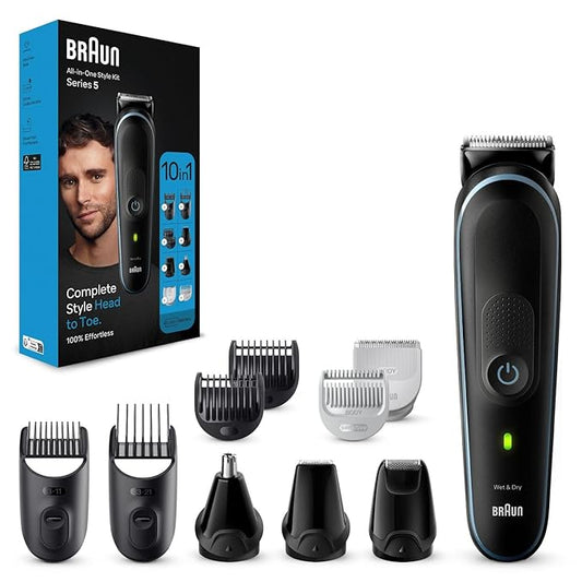 Braun All-in-One Trimmer for Men, From Gillette,10-in-1, For Face, Hair, Body, Ear, Nose, Private parts, German Engineering,100-Min Runtime, Waterproof, precision trimming comb, professional finish, 5-quick charge, Body Trimmer, MGK5445
