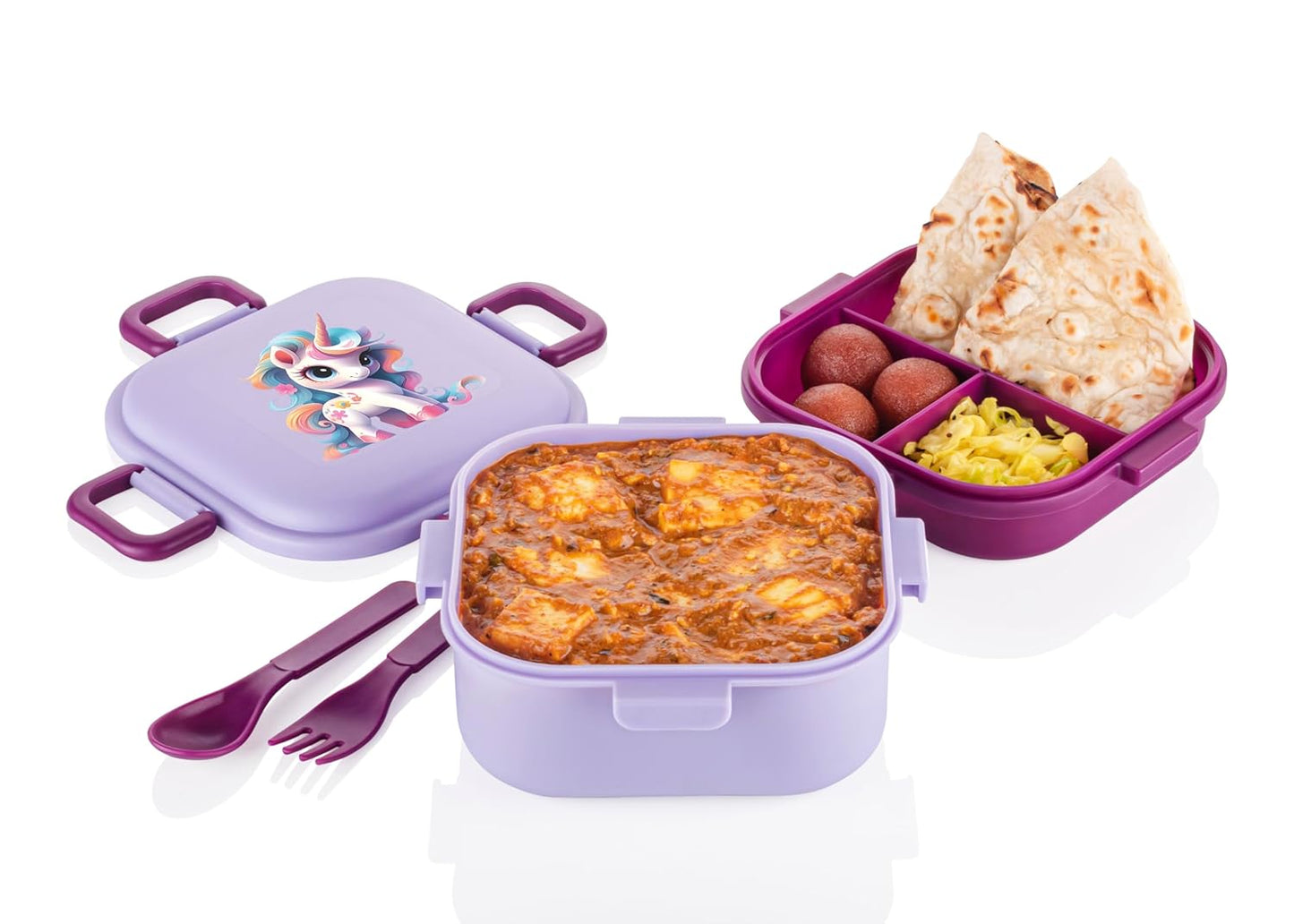 ATTRO Quick Bite Unicorn Magic Lunch Box Box with 3 Compartment Fork & Spoon BPA Free Food Grade Ideal for Kids School, Picnic & Outdoor- 800ml Lavender, Plastic