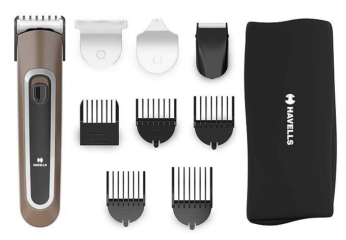 Havells GS6451 - Fast Charge 4-in-1 Grooming Kit for Beard & Hair Trimming with multiple attachments; Cord & Cordless adjustable; Titanium blades; 90 mins run time (Brown)