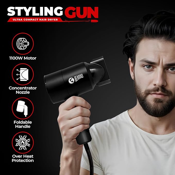 BEARDO Styling Gun Hair Dryer with Roller Hair Comb,1100 Watts, Black