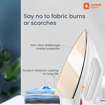 Orient Electric Fabrismooth 1000W Dry iron (Press) | Non-stick Weilburger coating| Silver Layered Thermostat| G-shaped heating element| ISI certified| 2-year replacement warranty by Orient